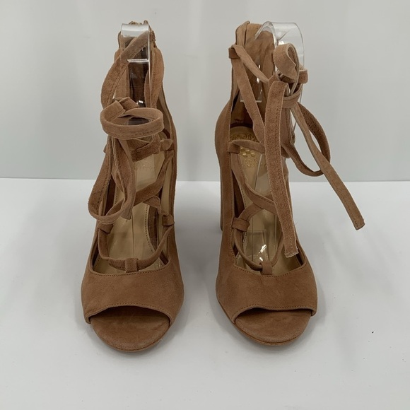Vince Camuto Tannen peeptoe sandal block heel shoe tan suede ankle tie strappy 9 - Picture 3 of 5